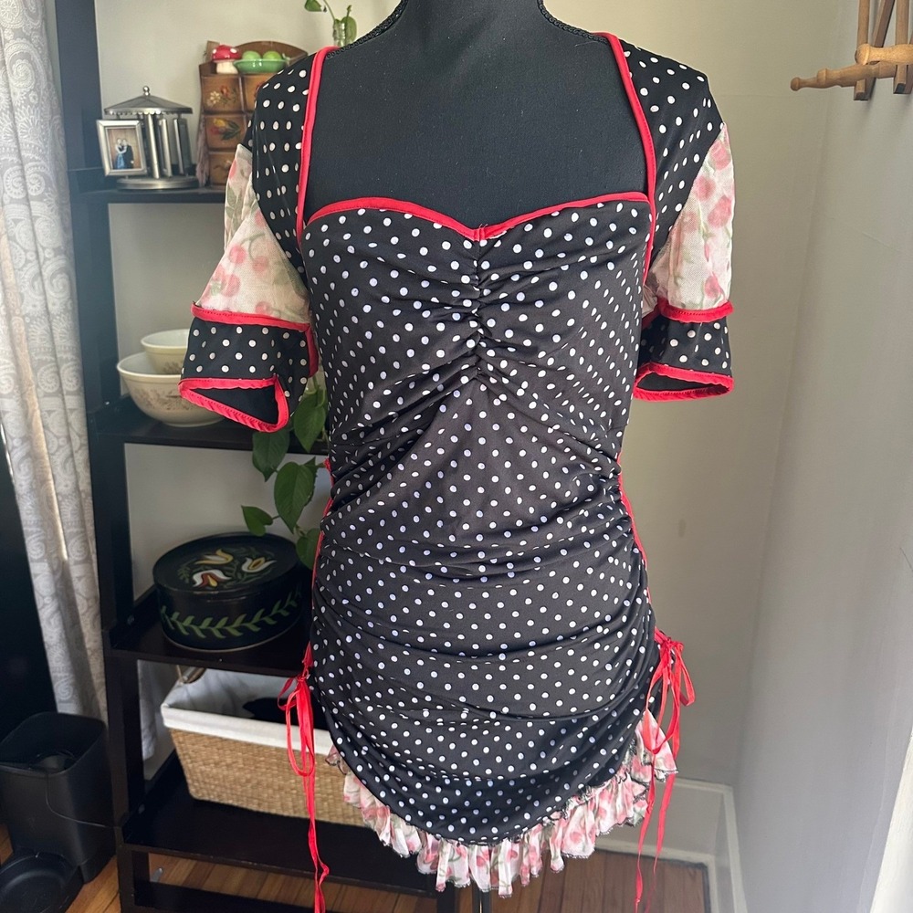 Halloween Polka Dot Cherry Pin-Up Girl Ruched Mini Dress Black Red Small Petit